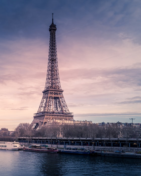 Paris, the Eiffel Tower at dusk.