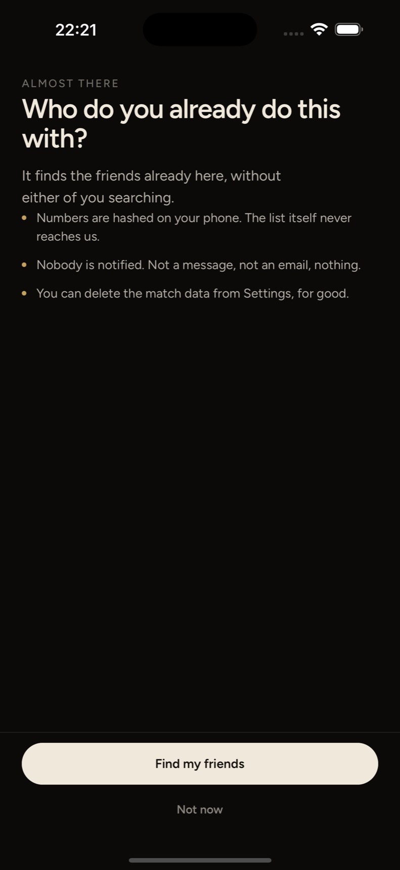 The contacts screen in OVLP: three promises — hashed on your phone, nobody notified, deletable — above Find my friends.
