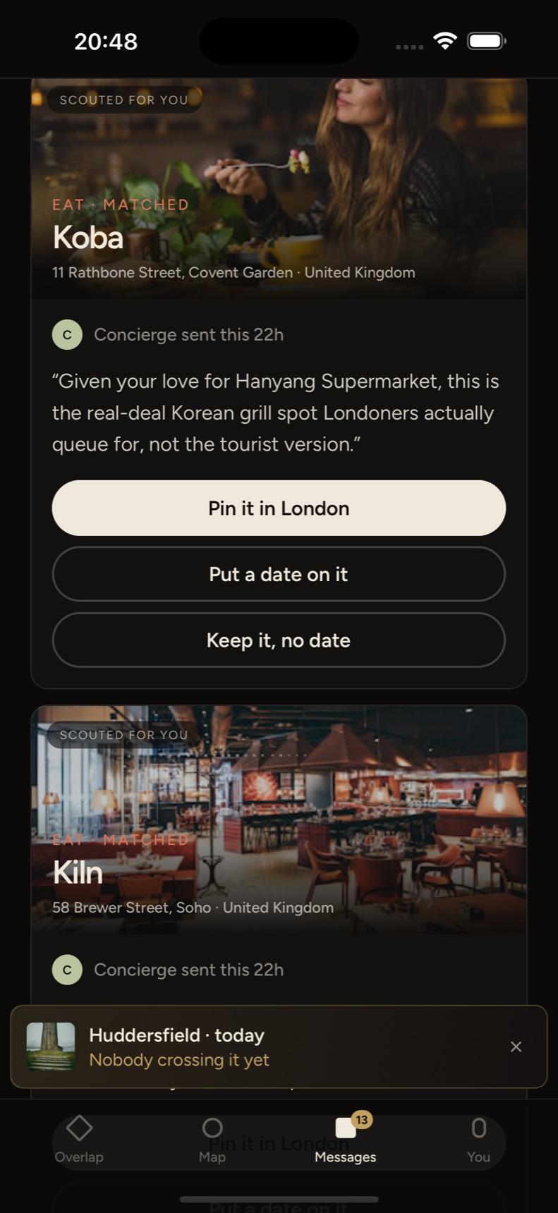 A place arriving in OVLP with the sentence somebody typed above it, and three ways to keep it.